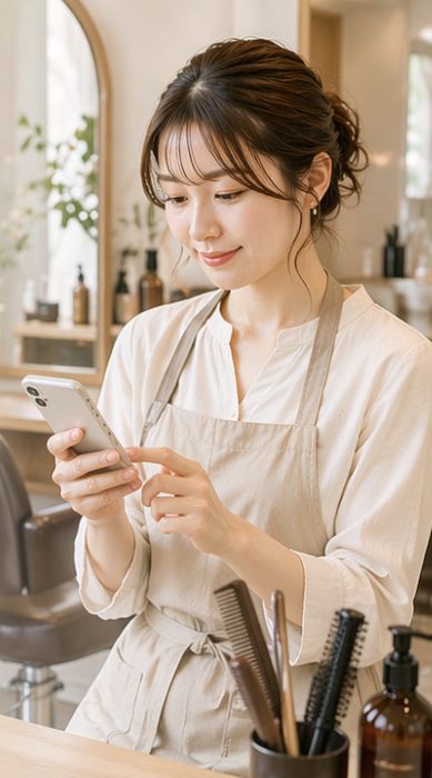 ヘアサロンでスマートフォンを確認するスタイリスト