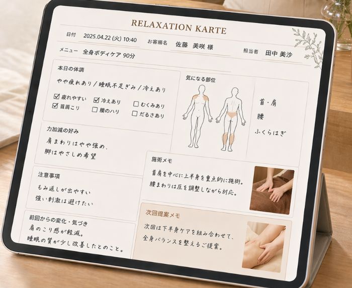 体調や施術内容を記録したカルテ